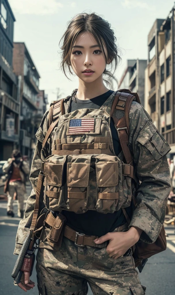 8K, realistic photo, realistic skin texture, Beautiful Japanese women in the US military、In front of a building in an American back alley、Operation End、rubble、、Bulletproof vest、Standing with hands on chest、despair、Stunned、fatigue、memorial、backpack、boots、Covered in scarilitary Vehicles、Dynamic pose、Innovative composition、
