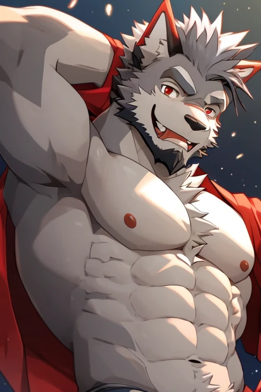 wilford wolf, 4k, high resolution, best quality, detailed, posted on e621, solo, anthro body, masculine, male, muscular, plain background:1.2, sweet face, subtle smile, front view, arms behind head, hands behind head, lats, armpits, red bow tie, red thong, pink nose, detailed eyes, white hair, sexy, long hair