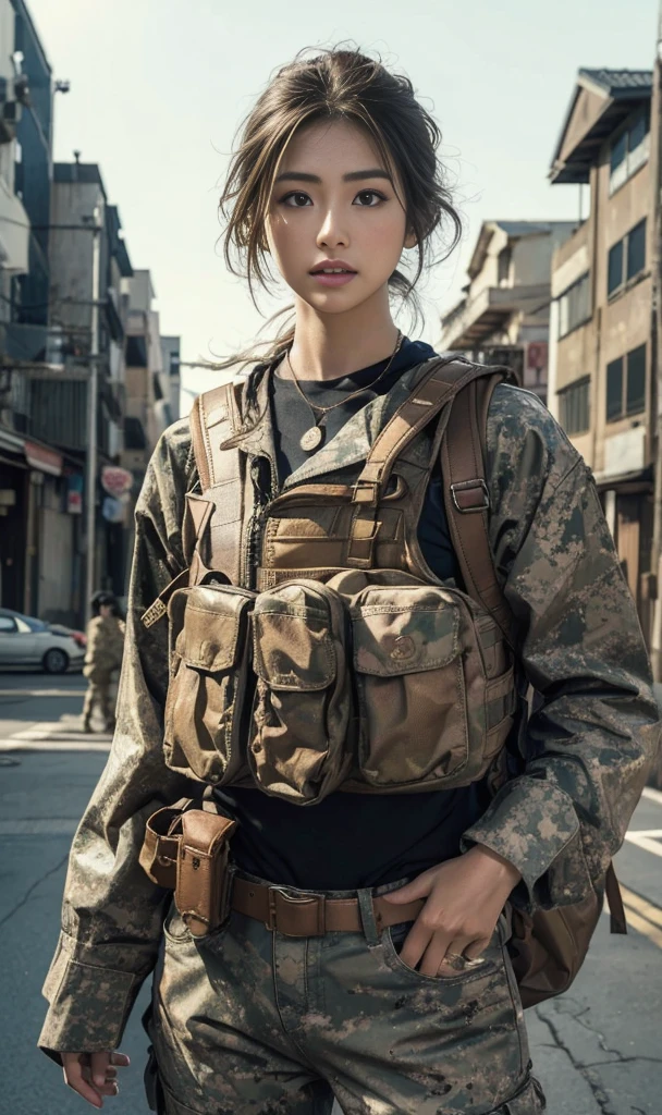 8K, realistic photo, realistic skin texture, Beautiful Japanese women in the US military、In front of a building in an American back alley、Operation End、rubble、、Bulletproof vest、Standing with hands on chest、despair、Stunned、fatigue、memorial、backpack、boots、Covered in scarilitary Vehicles、Dynamic pose、Innovative composition、
