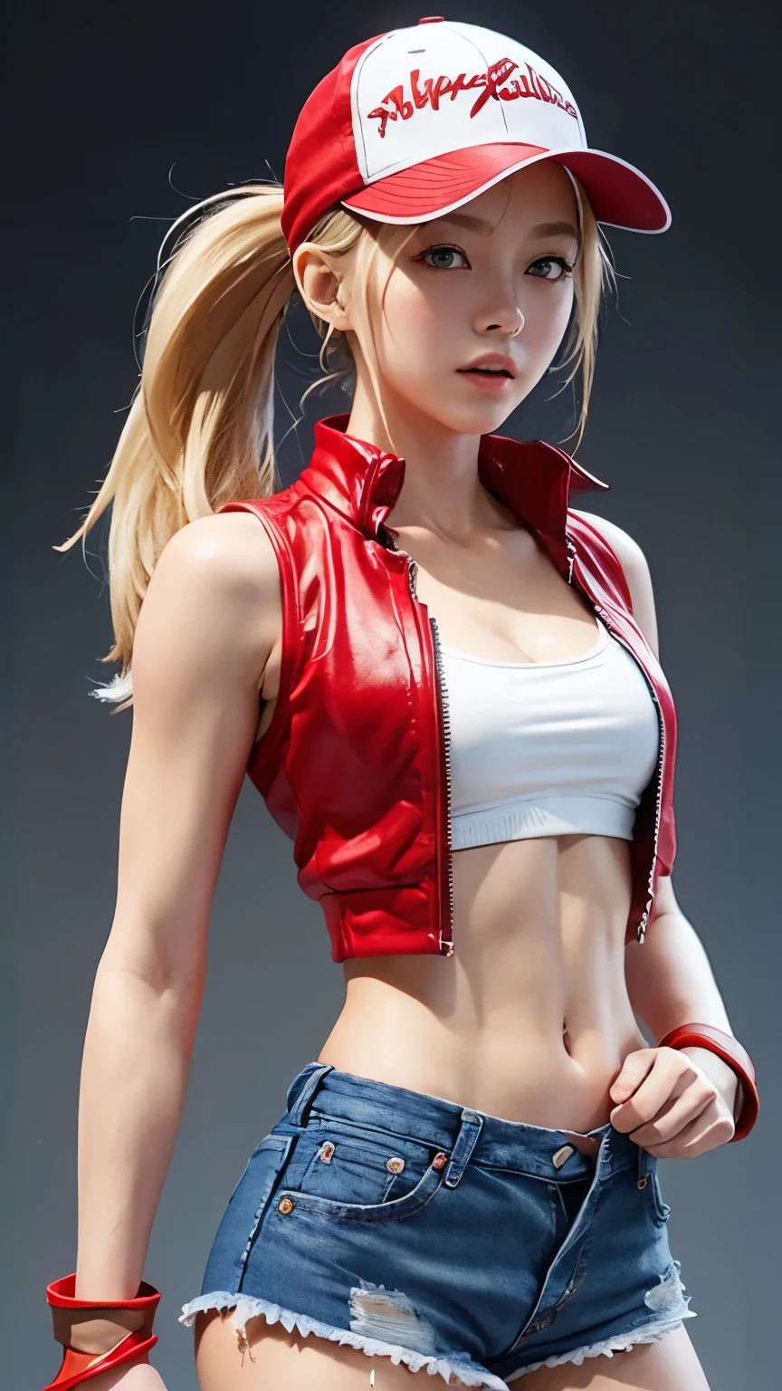 masterpiece、high quality、High resolution、Realistic、professional lighting、Japanese、woman、cute、young、White skin、Terry Bogard Girl、Blonde、ponytail、blue eyes、Red and white baseball cap、Red sleeveless short jacket、White tube top、Fingerless gloves、Denim shorts、sneakers、whole body、Anatomically correct