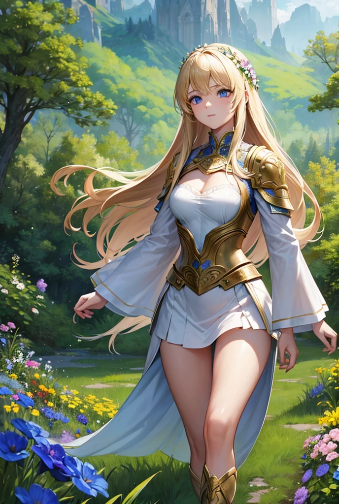 Masterpiece, Best Quality, Detail, A beautiful warrior breastplate long blonde hair blue eyes small breasts she walks happily through a flower meadow to start her adventure journey