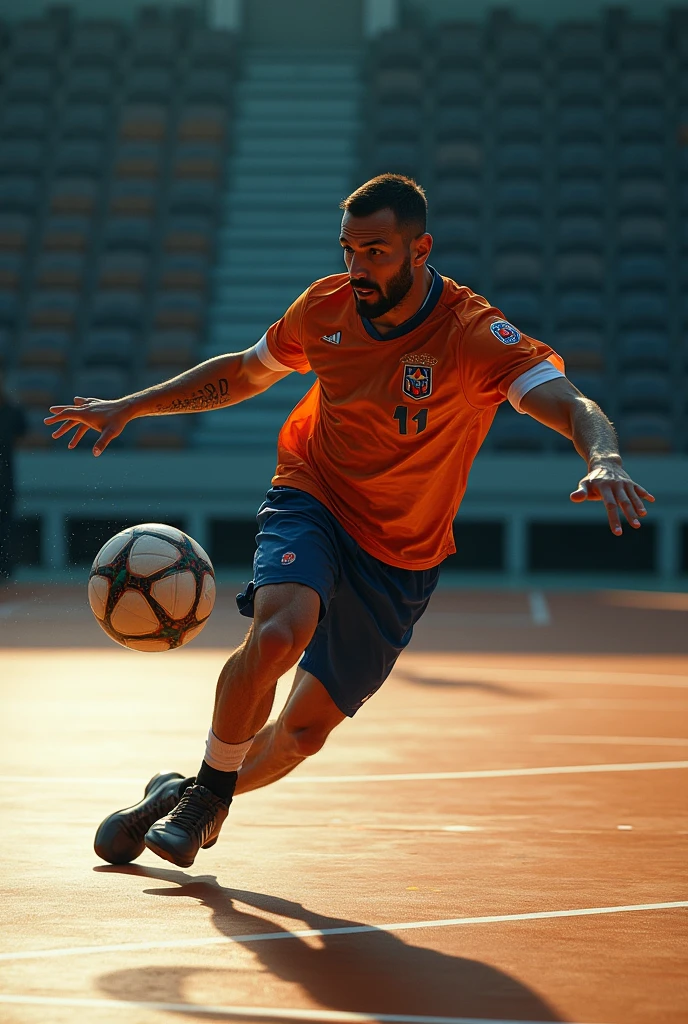 Muscular soccer player Roman Todd with facial hair wears a shorts, blue long socks, holding a white cleat over his nose, smelling, putting on goalie gloves, bulge, big penis, leg hair, short cut hair, closing eyes, full body view