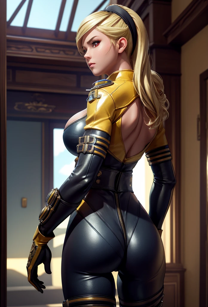 perfect eyes:1.2, detailed eyes:1.4, lienneville, from behind, ass, looking back, mansion, blonde hair, hairband, red eyes, bodysuit, large breasts, cleavage, gloves, medium full shot, thigh-level shot, 1girl, solo, (masterpiece:1.6, best quality),