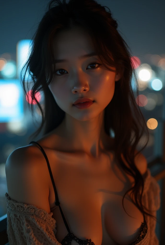 Masutepiece、highest qualityr、high resolusion、Eleonora Pavinato, , Younger  teenage headshot, long Black hair, Beautiful firm breasts small oczami seksowna, realistic skin, beautiful refined skin, real skin texture, Tokyo hotel balcony, overlooking skyline, in beige up breasts open sweater , reflective, city lights  angle shot fuck puss sex