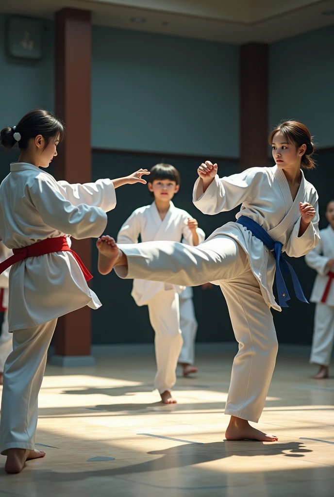 "Action image of a Japanese female martial arts instructor in her 30s,slight asymmetry, heart-shaped face, intense almond eyes showing focus, high cheekbones, small nose, determined expression, sleek black hair in a tight bun, athletic build in a black gi with red belt, mid-kick demonstration,Slightly tousled hair"
