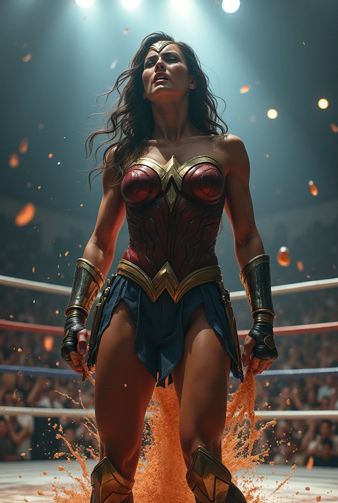 (sweaty)(muscular)A very sweaty Wonder Woman is kneeing in the ring, one hand on her belly and one hand on the floor. She's vomiting heavily, she spits out lot of visible sweat repeatedly. Lot and Lot of sweat continously dropping from her mouth to the floor. There is lot of sweat on her muscular body. She's coughing and breathing hard.