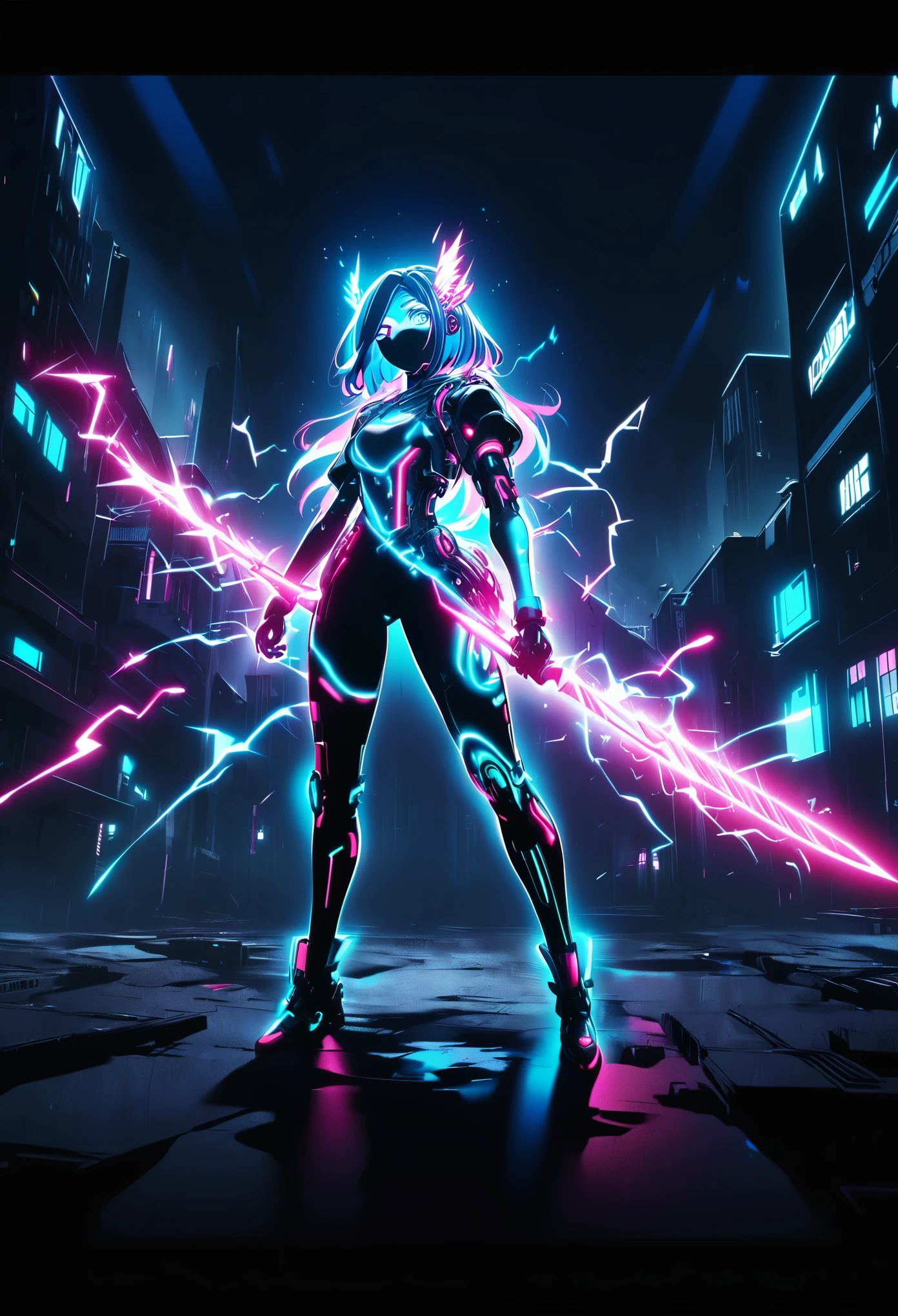 High contrast, anime screenshot, cyberpunk, blue-eyed female humanoid, one mechanical eye, glowing sword, lightning effects, dragon-like background, neon aura