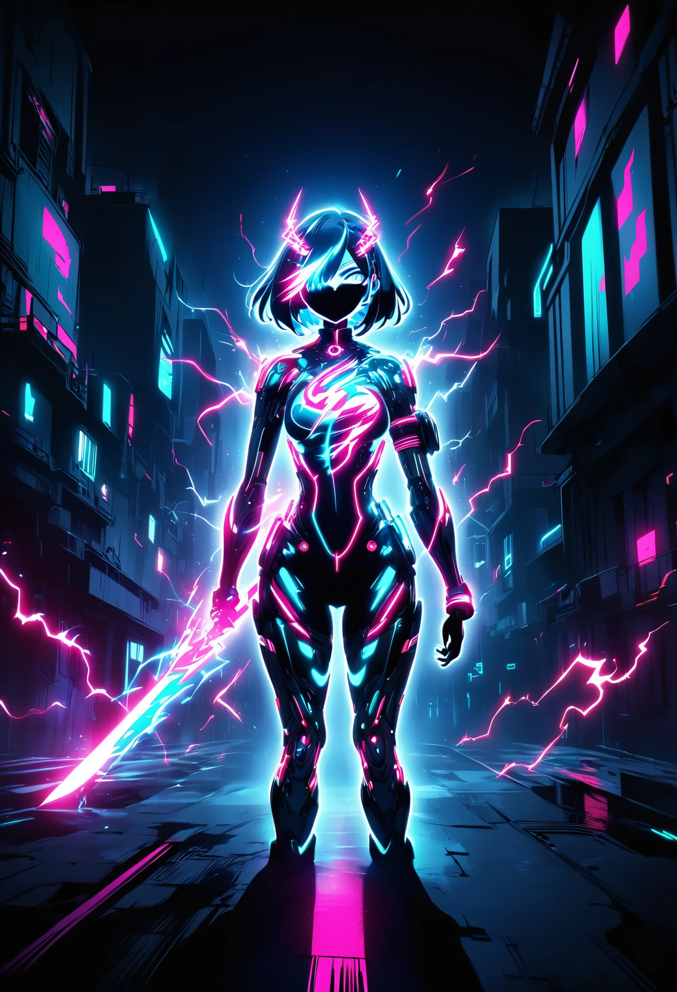 High contrast, anime screenshot, cyberpunk, blue-eyed female humanoid, one mechanical eye, glowing sword, lightning effects, dragon-like background, neon aura