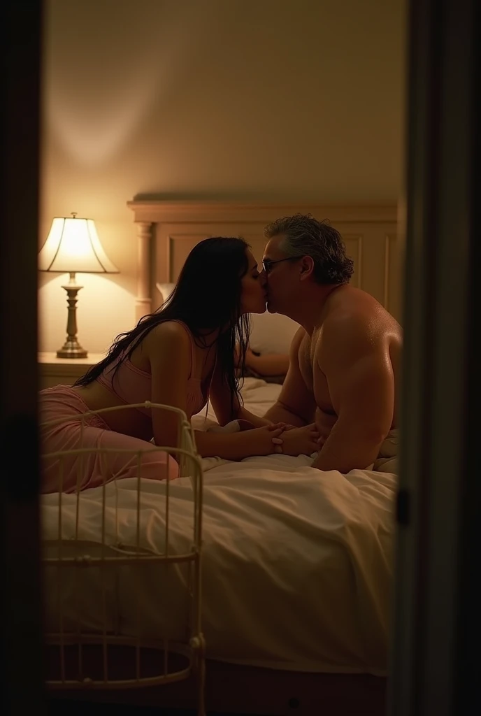 The man in his 45s with black very short hair and smooth face with moustache. The woman in her 45s with brown wavy long hair. The man and the woman are naked. In the bed. The woman is sitting on the man's lap. The woman hugged the man's neck. The man is grabbing the woman's buttocks. They are lip to lip. Orgasm. Night. Dim and dark environment. UHD. HDR. Cinematic.