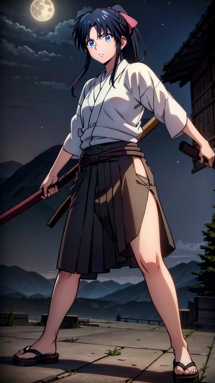 score_9, score_8_up, score_7_up, score_6_up,
uncensored,
1girl, kaoru kamiya, blue eyes, black hair, medium breasts, 
japanese clothes, ponytail, brown hakama, skirt, hakama, hakama skirt,
holding wooden sword 
looking at viewer, solo,
outdoors, moon, night, night sky, mountain,  cherry blossoms, 
Mountain paths, rocky mountains, temple, 
look up,angry, 
standing, full body,  fighting stance, 
(from below:1.1),  (dutch angle:1.2),
masterpiece, best quality,