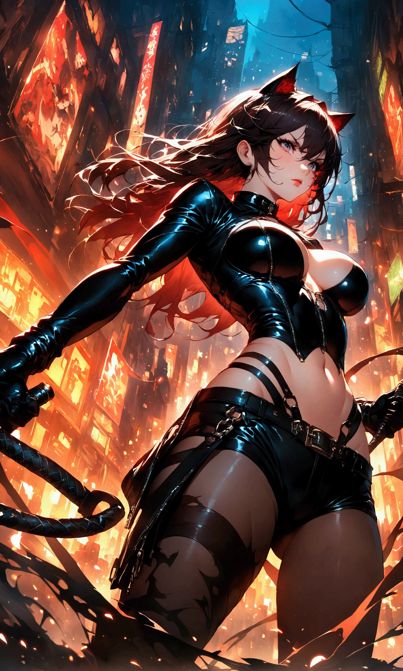 woman,Night city,wind,wind,Black leather jacket,Catwoman,rogue,Whip,((Illustration wind grid))