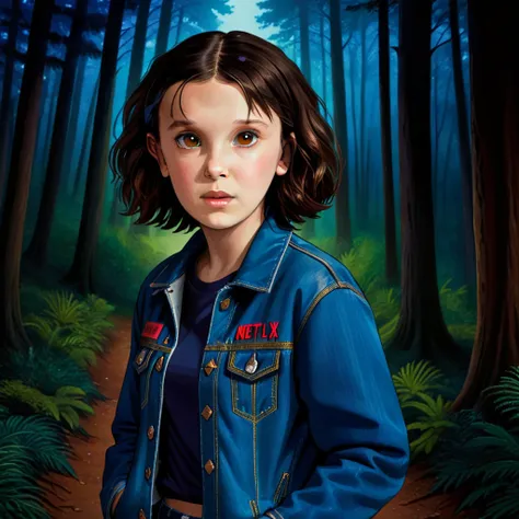 milli3 woman, millie bobby brown, 1 girl wearing blue denim jacket, netflix, stranger things, eleven, in a dark  woody forest, f...