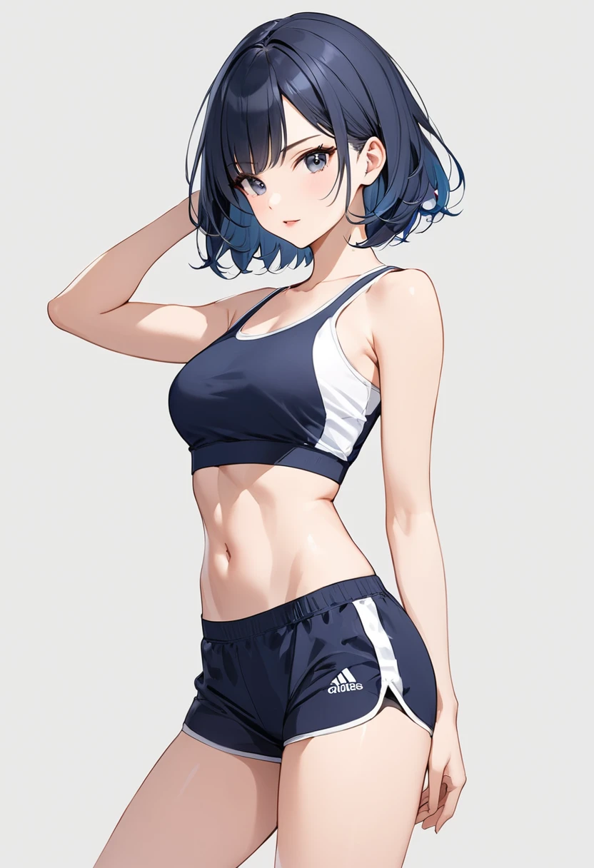 One girl, masterpiece, High resolution, Anatomically correct, blue eyes, cute、ribbon, far and near method, Anime Style, Black Hair, Long Hair, tall、ponytail、Feet out of frame, Sports bra style swimsuit、chest, Shorts、See-through T-shirt、Character profile, smile