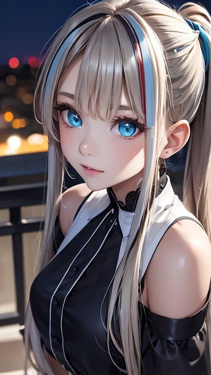 master piece,highres,4k.8k,Lifelike:1.5,Close-to-reality1.3,
full body,
Greige hair, ((highlights hair, Blue streaked hair:1.0)),
braided bangs,high ponytail,
turquoise blue eyes,
glamorous,
mischievous,eighteen years old,
full body,full body,full body,
break,
arched back,
