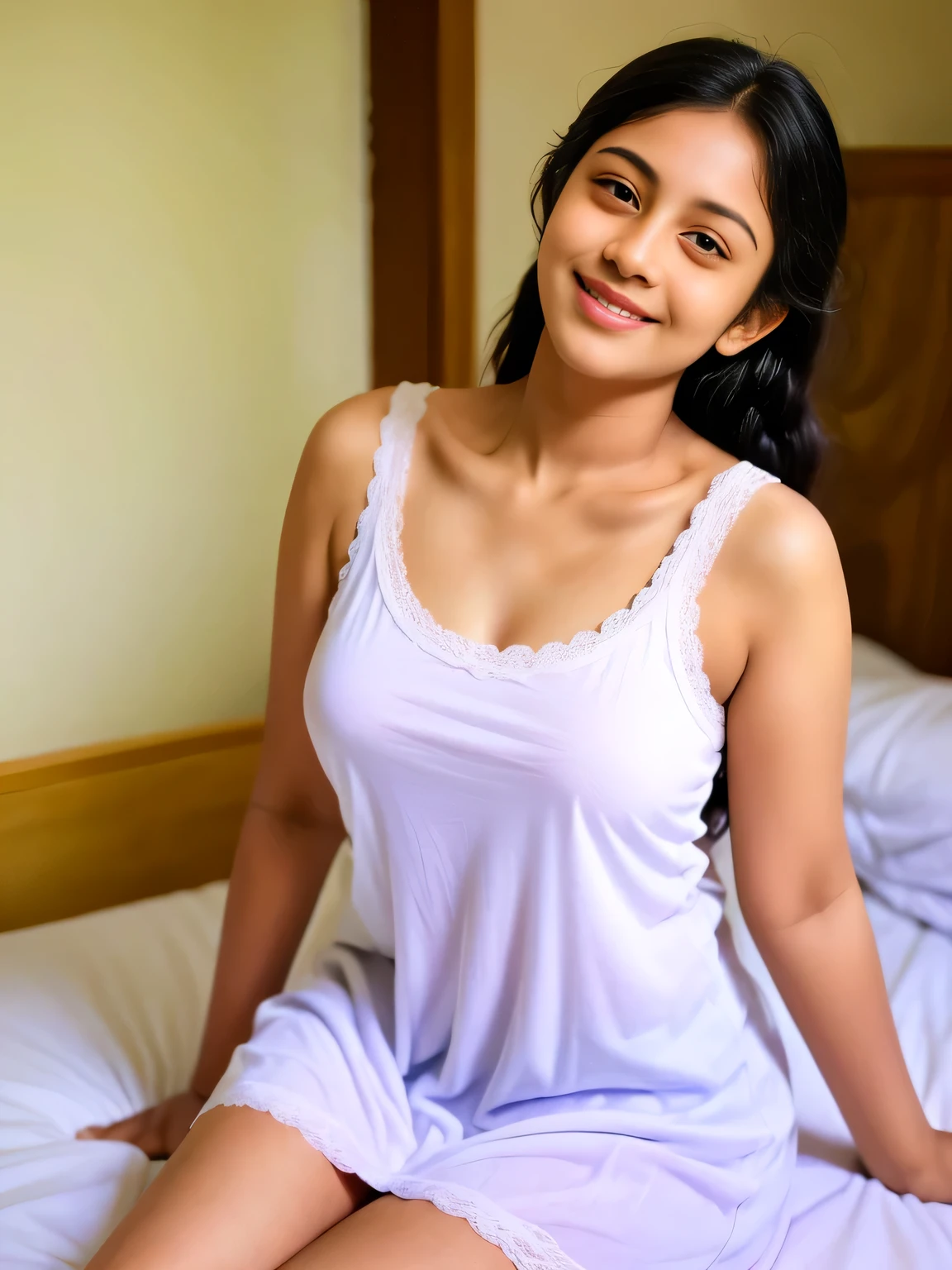 Sri lanka teen  girl, wearing white clothes  , in the bedroom,  (chubby , big breasts ), photorealistic, detail, skin texture, super detail, delicate and sexy collarbone, smile