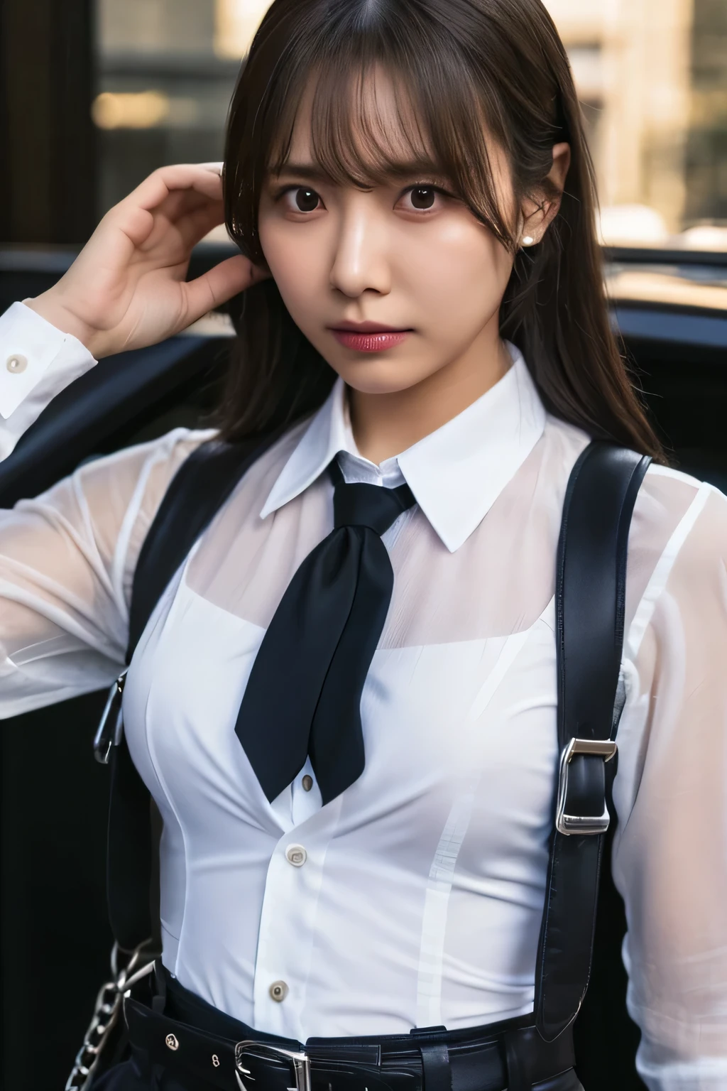 a woman in a suit, belt, hands behind back, sweating, suspenders, black pants, sexly, large breasts, see-through clothing, rain, detective, office worker, white button-up shirt, (best quality,4K,8k,highres,masterpiece:1.2),ultra-detailed,(realistic,photorealistic,photo-realistic:1.37),hyper-detailed,highly detailed face and body, Slender　thin　suspenders　Moderate breasts　See-through shirt　Nipples　holster　chain　Pistol　Armament　criminal　Female criminal　knife
