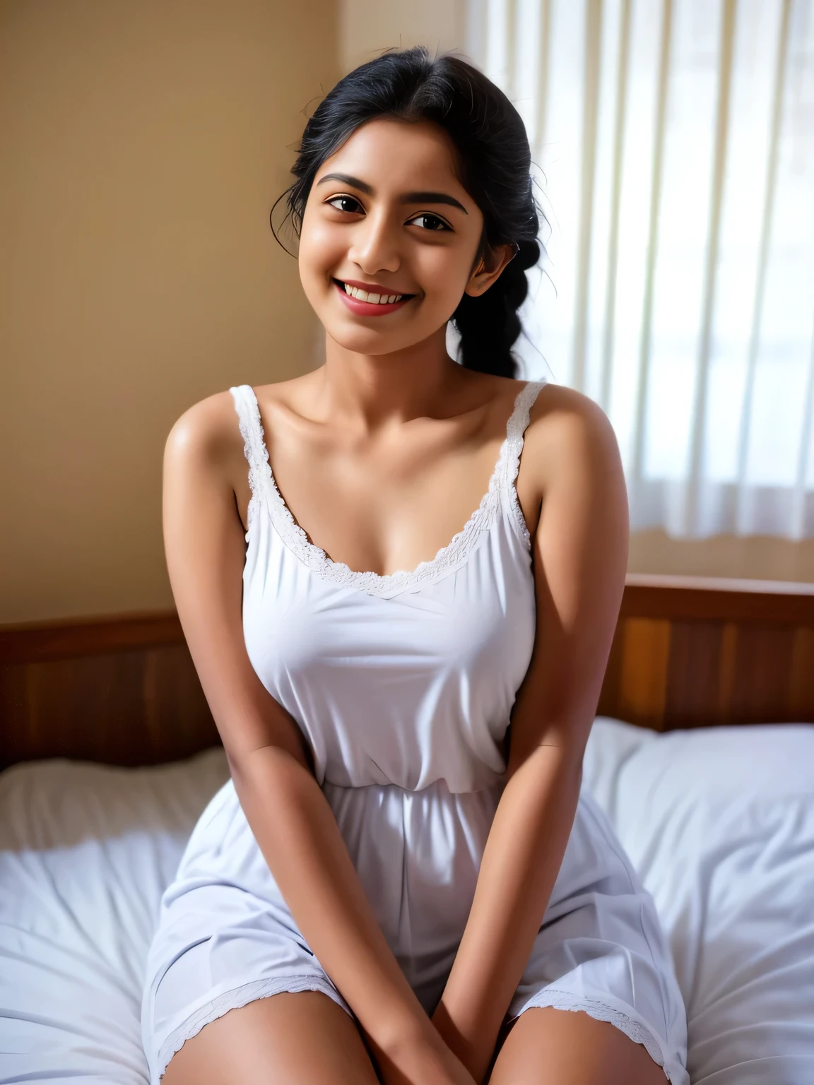 Sri lanka teen  girl, wearing white clothes  , in the bedroom,  (chubby , big breasts ), photorealistic, detail, skin texture, super detail, delicate and sexy collarbone, smile