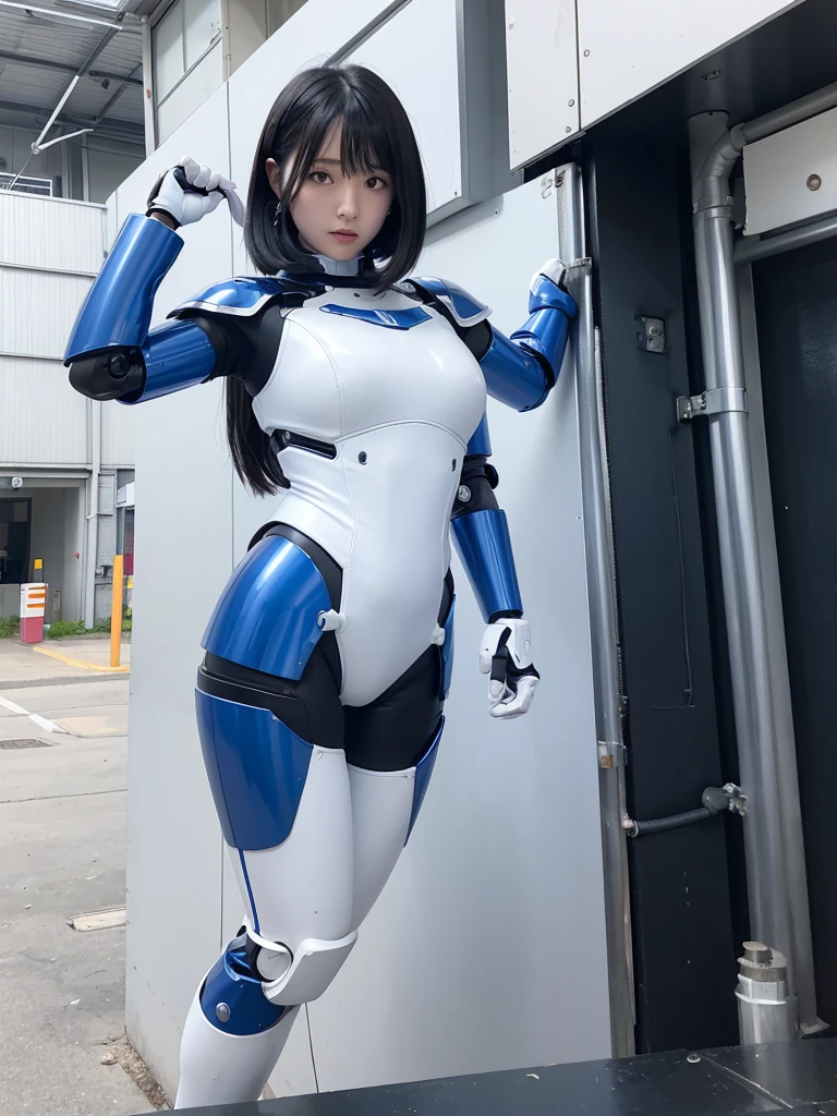 Japanese female android,Black Hair,White and blue robot suit,Plump,Looking up at the Great Buddha,smile,
