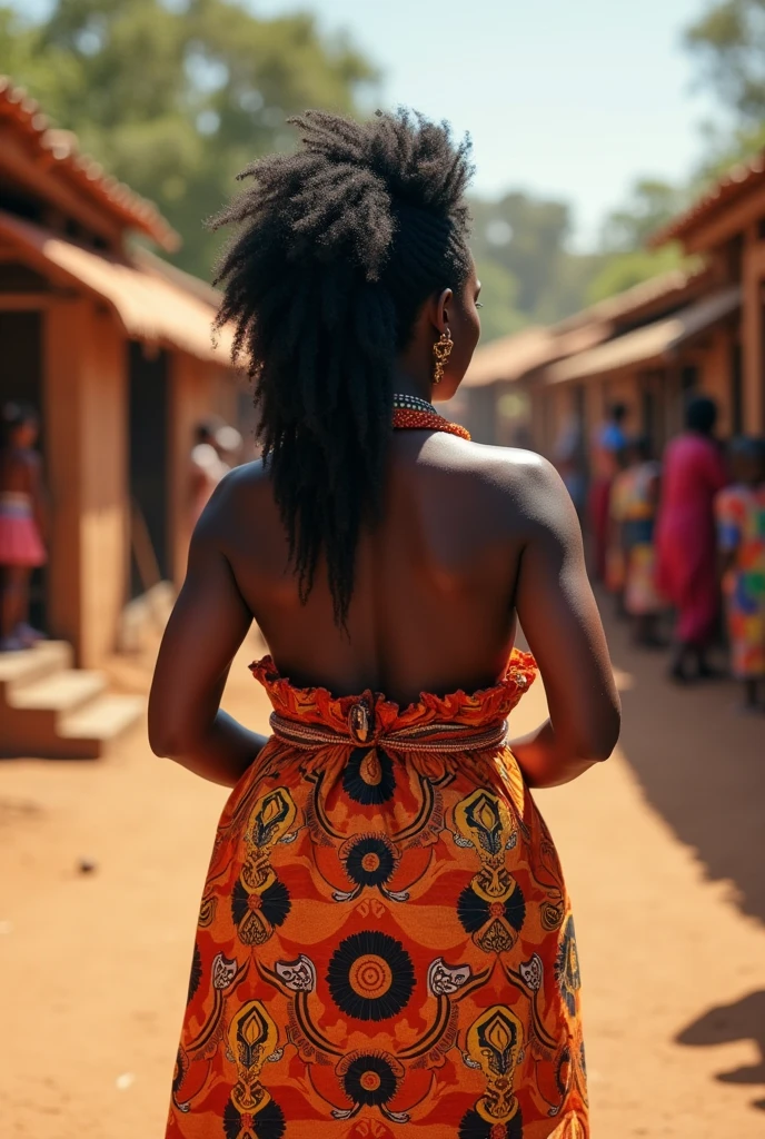 A beautiful African woman approaching a hut in a forest and is wearing African prints. Her back is seen and she is not realistic but looks almost human