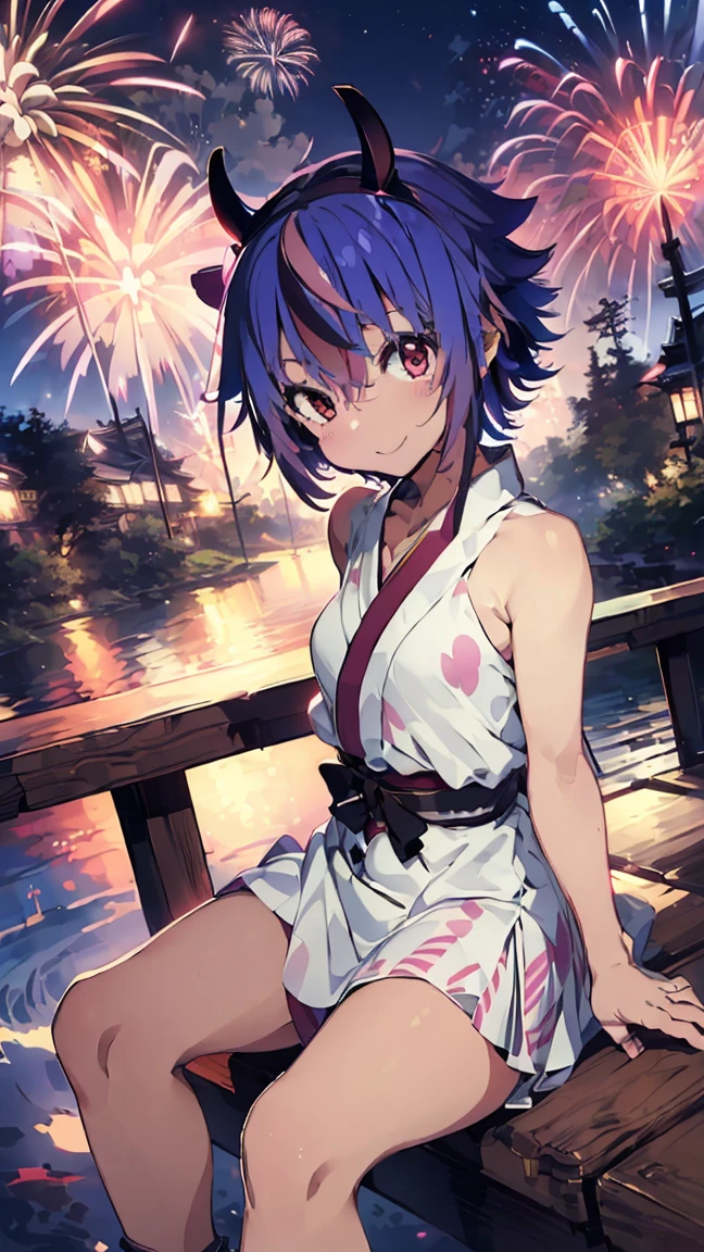 masterpiece, Highest quality, High resolution, Very detailed,(((Mikoto Naruka))), (((smile)))、(((Sitting far away))), (((yukata))), (((night))), (((Red railing))), (((river))), (((firework))), (((Multicolored Hair))), (((horn))), (((Pink Eyes)))