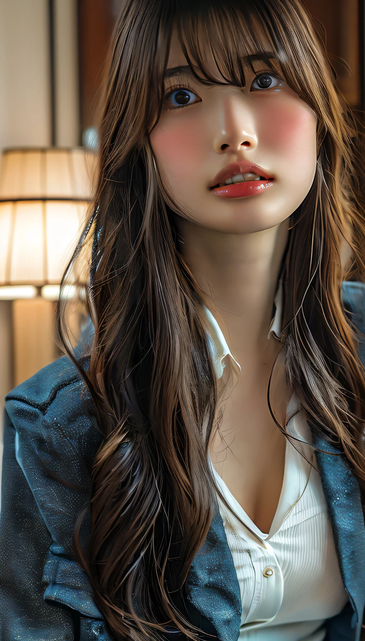 (surreal), (Awareness-raising), (High resolution), (8k), (Very detailed), (The best Awareness-raisingns), (Beautiful fine brown eyes), (Highest quality), (Ultra-detailed), (masterpiece), (wallpaper), (Detailed face), Droopy eyes,Sweaty, whole body, Long legs,Underarm,ponytail,Colored inside,alone, ((Very huge and lewd face with bigger breasts)), Cleavage, Japanese, huge 、Laughter, Wearing a blue blazer, Short skirt, office uniform, office