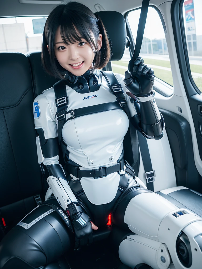 Japanese female android,White and red shiny robot suit,Wide-legged squats,Black Hair,Space capsule,I was completely strapped into the black seat with a thick harness and couldn't move.,