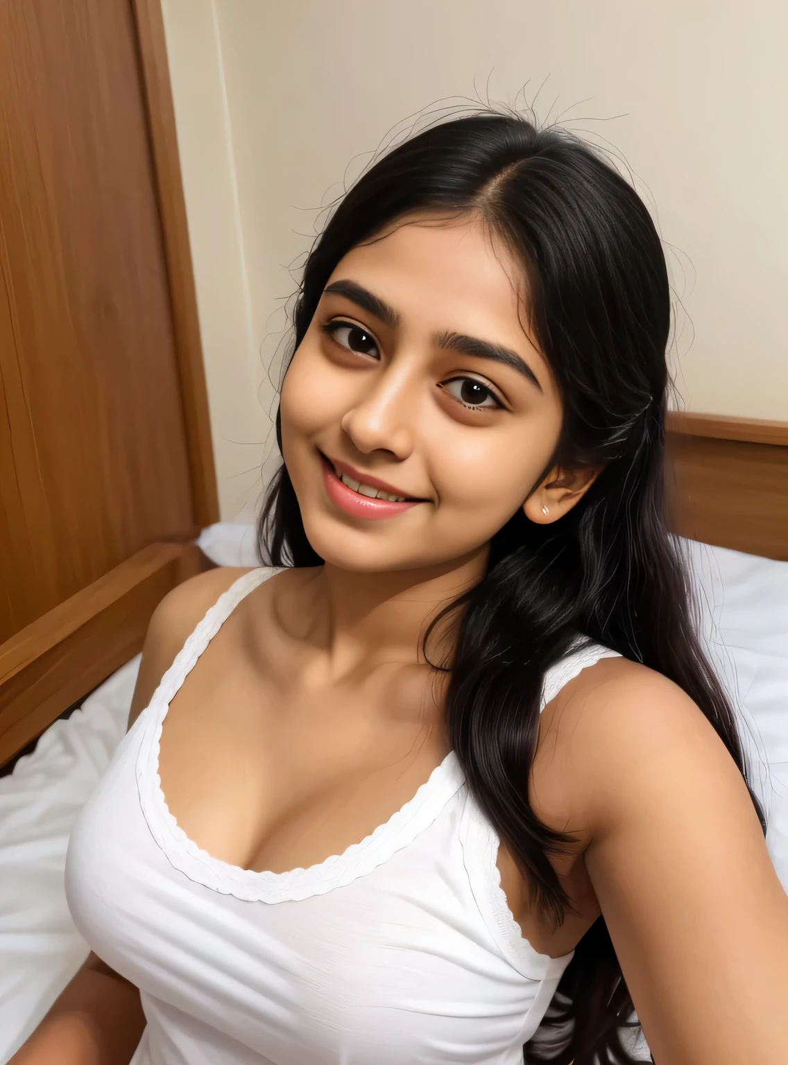 indian teen  girl, wearing white clothes  , in the bedroom,  (chubby , big breasts ), photorealistic, detail, skin texture, super detail, delicate and sexy collarbone, smile