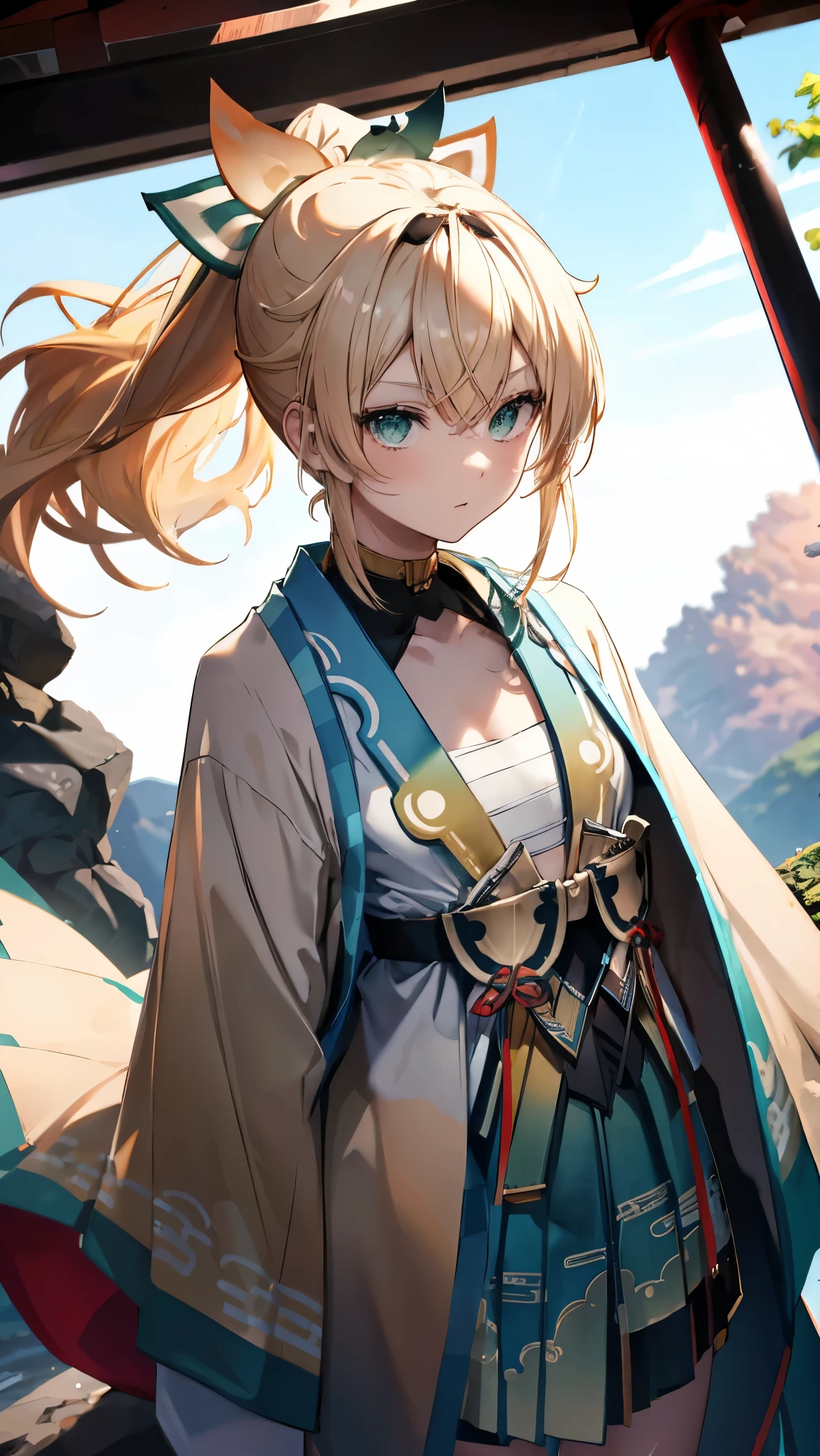 ,Highest quality,Blonde,Green Eyes,ponytail,shrine,torii,Miko costume,Red Hakama,Japanese sword,slender,