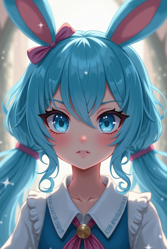 One girl, blue eyes, Twin tails, Blue Hair/Light blue hair, Bunny ears, Part of the picture goes outside the frame, Anatomically correct, Decorative art, Sparkle Effect, ribbon, Frowning, Grit your teeth, 