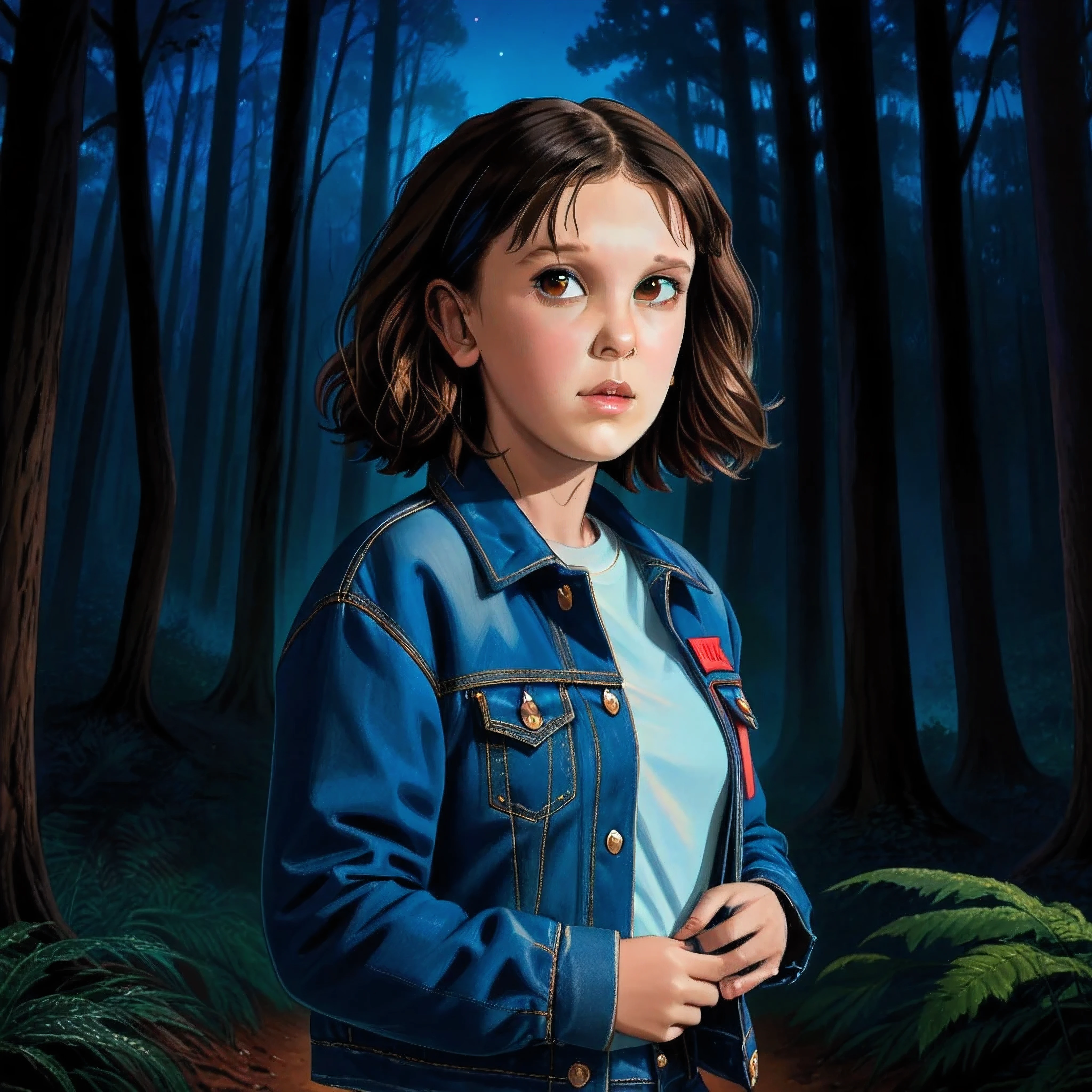 milli3 woman, millie bobby brown, 1 girl wearing blue denim jacket, netflix, stranger things, eleven, in a dark  woody forest, front view