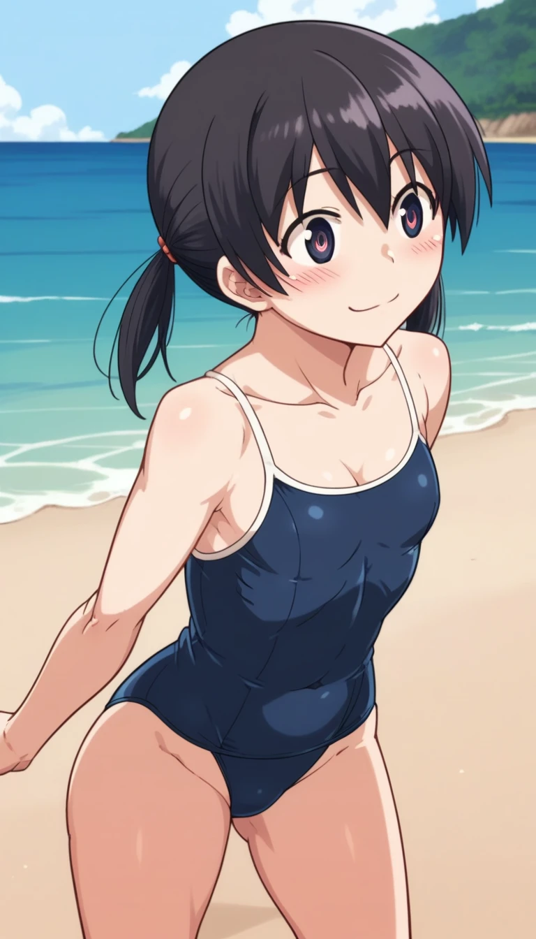 Score 9, Score 8 up, Score 7 up, The evaluation is questionable,
Detailed Background, Glowing Skin,Kuramoto_Chinatsu, Iris, Black Hair, Long Hair, Short Twin Tails,School Swimsuit,Spread your legs,Cleavage,Are standing,Small breasts,Not enough people,whole body,So the line,thin,smile,From before,null,Ocean,Daytime,Beach,Anime Style,high quality,masterpiece,Very detailed,whole body