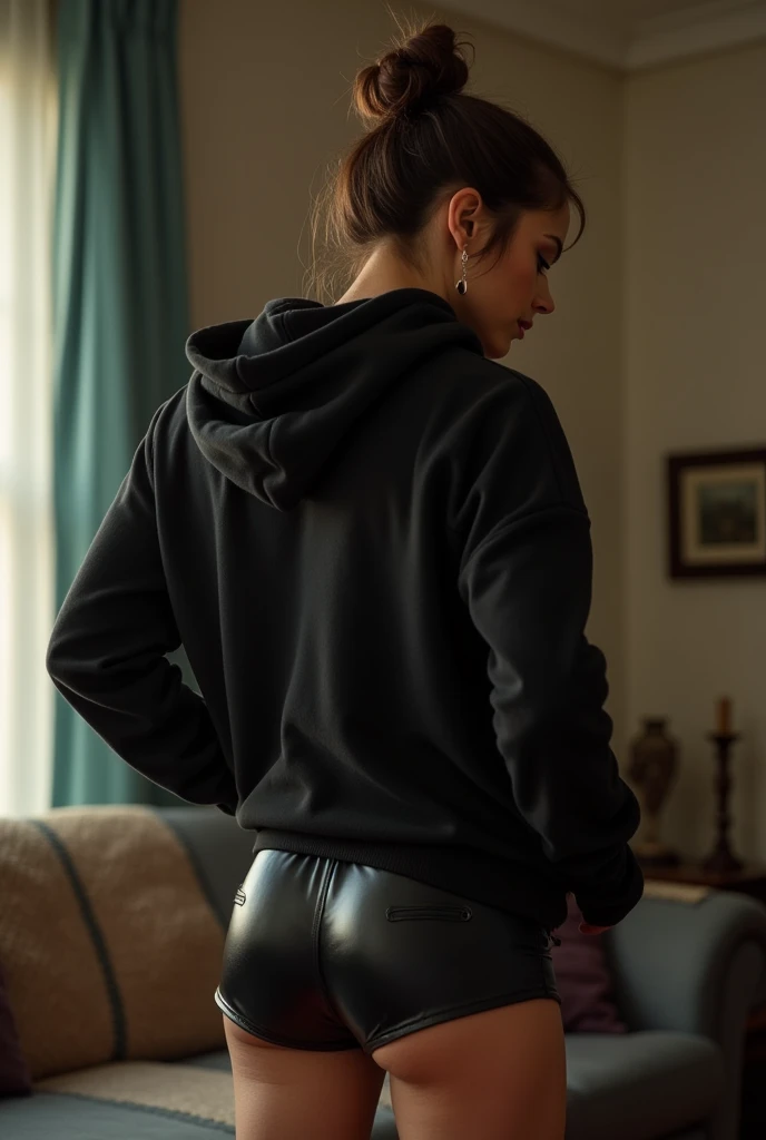 black woman hair in a bun black hoodie black leather short shorts being fucked in the ass by a old grandma in a dress
