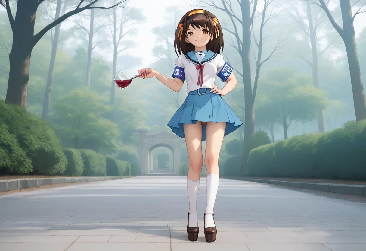 Haruhi Suzumiya ,รุมข่มขืน,Squeeze the breasts, squeeze the vagina, Spread legs to show vagina and spread vagina, pubic hair, (1 lady), (Best quality at best:1.4), (ultra - detailed), (extremely detailed CG unified 16k), A Beautiful Woman with Perfect Figure: 1.4, Sharp Focus: 1.2, very detailed, High-definition RAW color photo, professional photoshooting, amazing face and eyes, cosmetics, (amazingly beautiful girl), ((suzumiya haruhi)), ((kita high sch0ol uniform, blue sailor collar, blue skirt, armband, hairband, medium hair, ribbon, socks)), standing posture, nature, tree, park, (look from down), realistic cinematic face, head to feet long wide zoomed out view, full body long view, photorealistic, ((realistic natural caramel brown hair style, brown eyes)), gorgeous, extremely beautiful face, perfect model beauty, pout mouth, Highly Detailed Face and Skin Texture, Detailed Eyes, Double Eyelids, Medium Breasts, smiling hard, cleavages, western, (masterpiece), best quality, high resolution, extremely detailed, blurred background, depth of field, cinematic lighting, amazing legs, high heels, clear and well-cared skin, drinking red wine