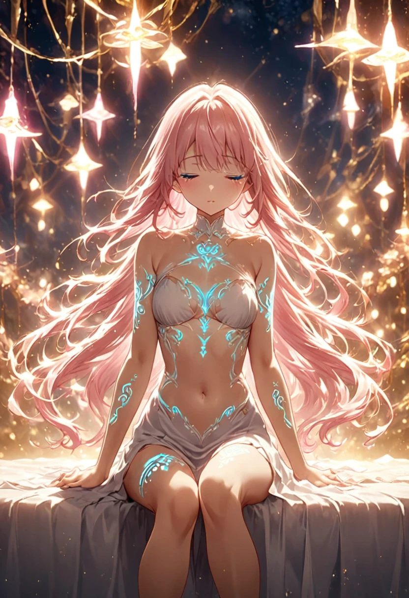 Anime screenshots、 Artistic anime illustration of a woman adorned with glowing neon magical tattoos all over her body and face。 Arm and leg tattoos mixed pink, Blue and white runes.、Emitting neon lights。 She has been a long time, Flowing Hair.、 She is wearing a white off-the-shoulder dress、Stomach puckering、 This scene、Dreamy soft focus effect.、 Highlight the dreamy glow of your tattoo.、Back of hand、sit