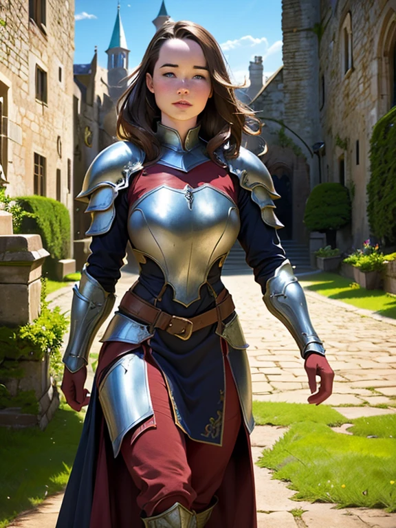 a beautiful woman, Anna Popplewell, walking around a medieval castle, wearing light leather armor, detailed face and body, realistic, photorealistic, HDR, cinematic lighting, epic fantasy, rich colors, intricate details, highly detailed