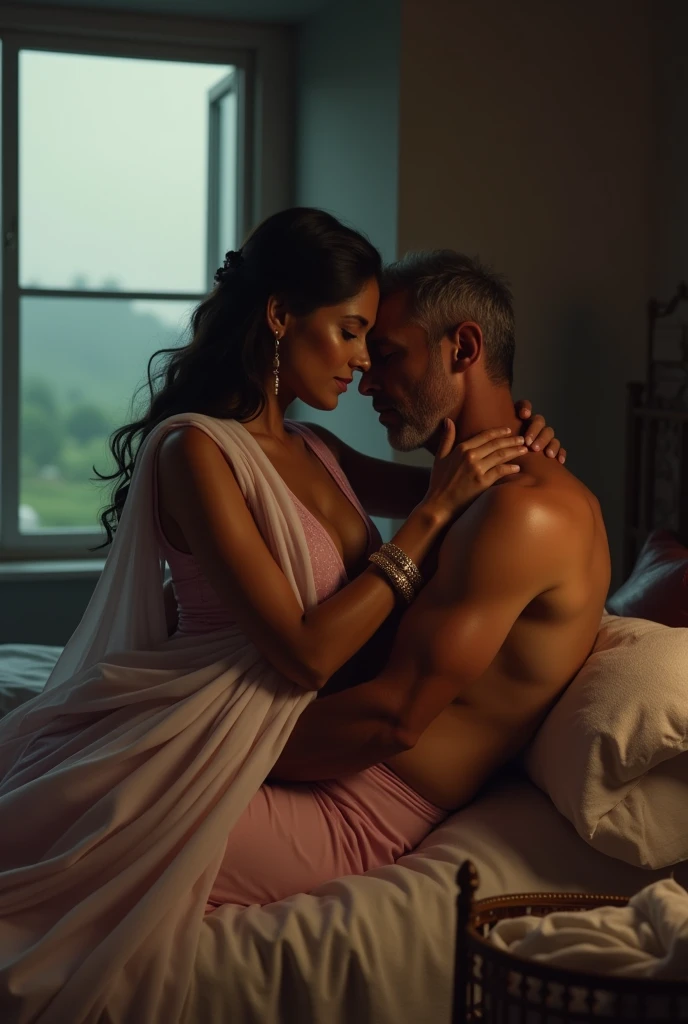 A shirtless old man hugging beautiful Indian actress woman in nude, sitting on bed, wearing saree blouse, pajama pants, long hair, indoors, soft lighting, plants in background, window with sunlight, cozy room, moody pose, realistic, intricate details, warm colors.