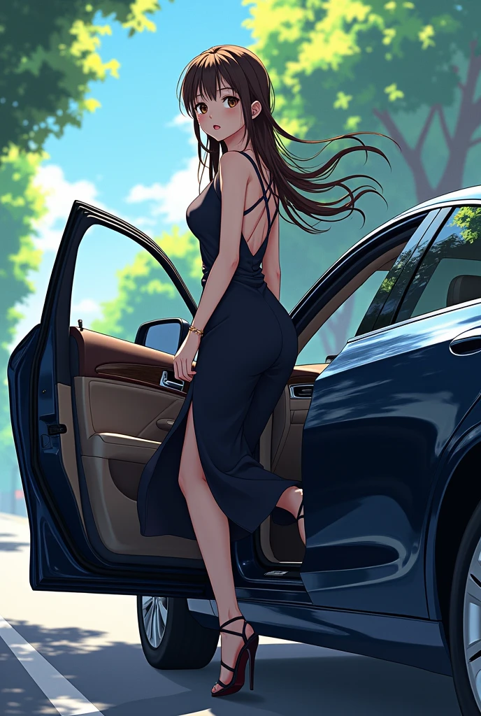 (masterpiece, best quality, 1girl, japanese woman, semi-long black hair, wearing dress, ultra mini skirt, getting out of car, from passenger seat, full body, natural light)
