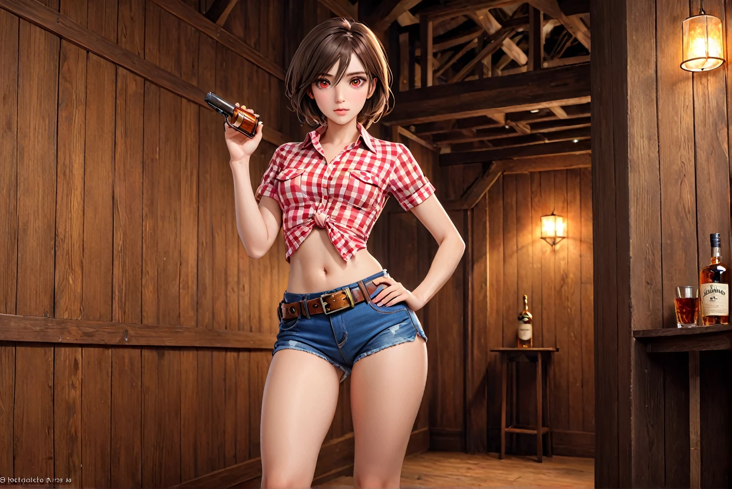 (((Female gunslinger:2.0))),(((Browsing Caution:0.5))),(((Wearing denim hot pants:1.5))),(((Wear a red checked short-sleeved collared shirt:1.5))),(((Wear a gun belt with a holster:1.8))),,((Put the watch on your wrist:1.5))),(((Exposed thin inner thighs))),(((Small breasts:1.5))),(((Navel exposed:1.5))),(((Bare arms))),(((Wearing boots:1.5))),((Blushed:1.8)), Beautiful details, Very detailed目と顔, 緻密でBeautiful Eyes, Very detailed, High resolution, Highest quality, masterpiece, Very detailed, 8k wallpaper, wonderful, finely, Highest quality,(Standing in front of a wooden wall),Beautiful Eyes,((Engage your audience:1.2))),((Drinking whiskey:1.0)),(((Frightened face:1.5)))