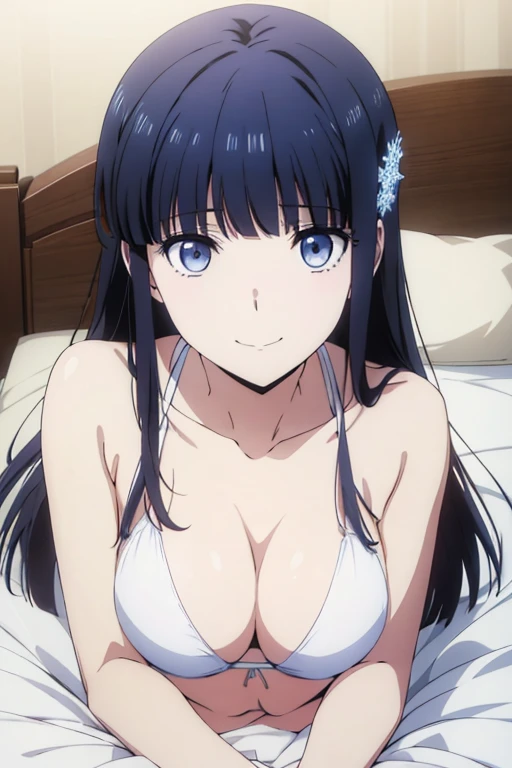 Miyuki Shiba, The Irregular at Magic High School,  Snowflake hair ornament, At the bed, Lying down, White Bikini,  barefoot, smile, Open your mouth