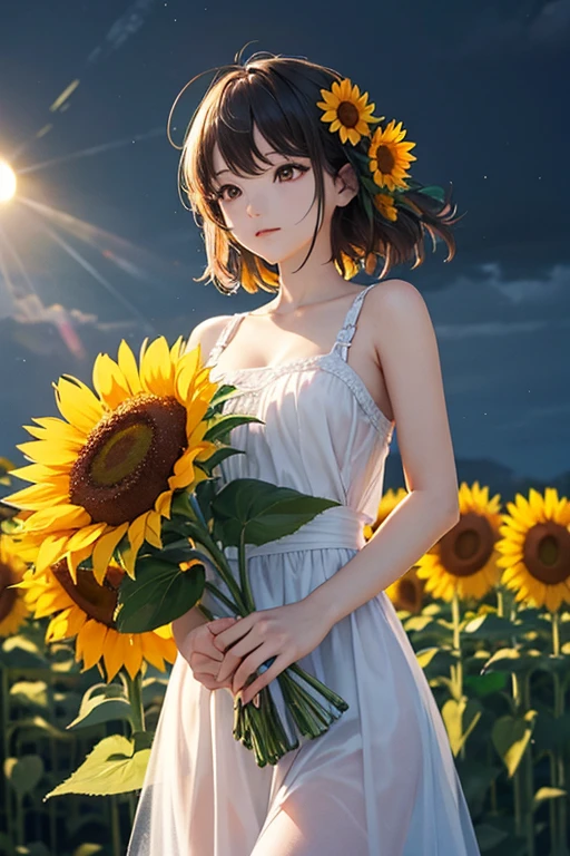 (beste-Qualit、in 8K、32K、masterpiece、kfk:1.3)、(a photorealistic:1.4)、Photo of Pretty Japanese woman, is standing、Sleeveless white summer dress, Sun glare,depth of fields,blurry backround,lensflare,Sunflower background、blue-sky