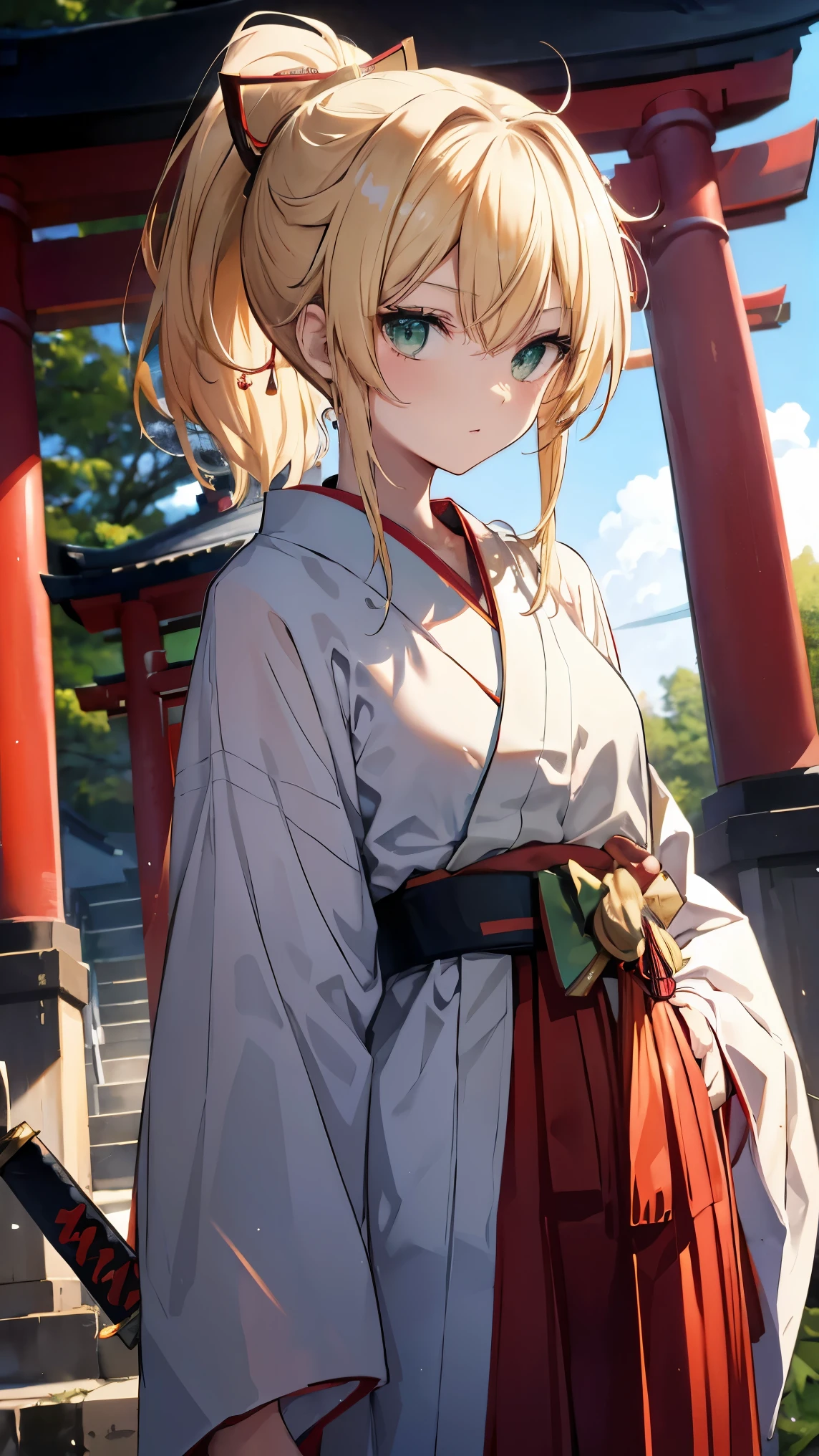 ,Highest quality,Blonde,Green Eyes,ponytail,shrine,torii,Miko costume,Red Hakama,Japanese sword,sword,slender,