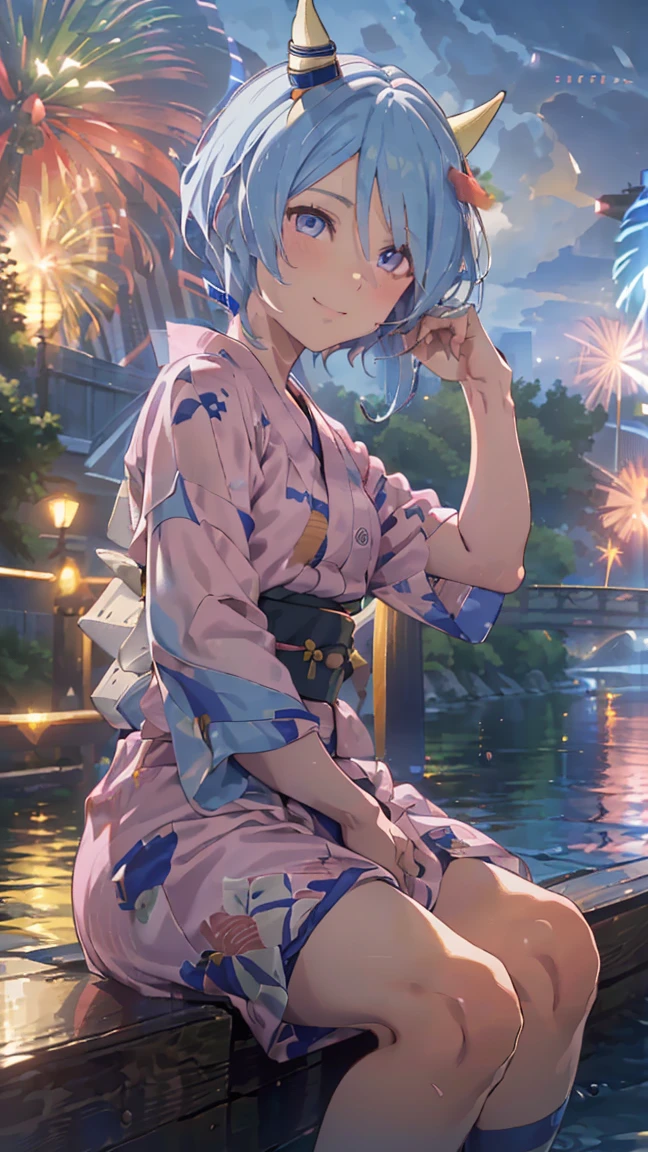 masterpiece, Highest quality, High resolution, Very detailed,(((KIES Miracle))), (((smile)))、(((Sitting far away))), (((yukata))), (((night))), (((Red railing))), (((river))), (((firework))), (((Multicolored Hair))), (((horn))), (((Pink Eyes))), (((One girl))), (((solo))), , (((short hair))), (((Blue Hair))), (((horse ear))), (((Horse tail))), (((blue eyes)))