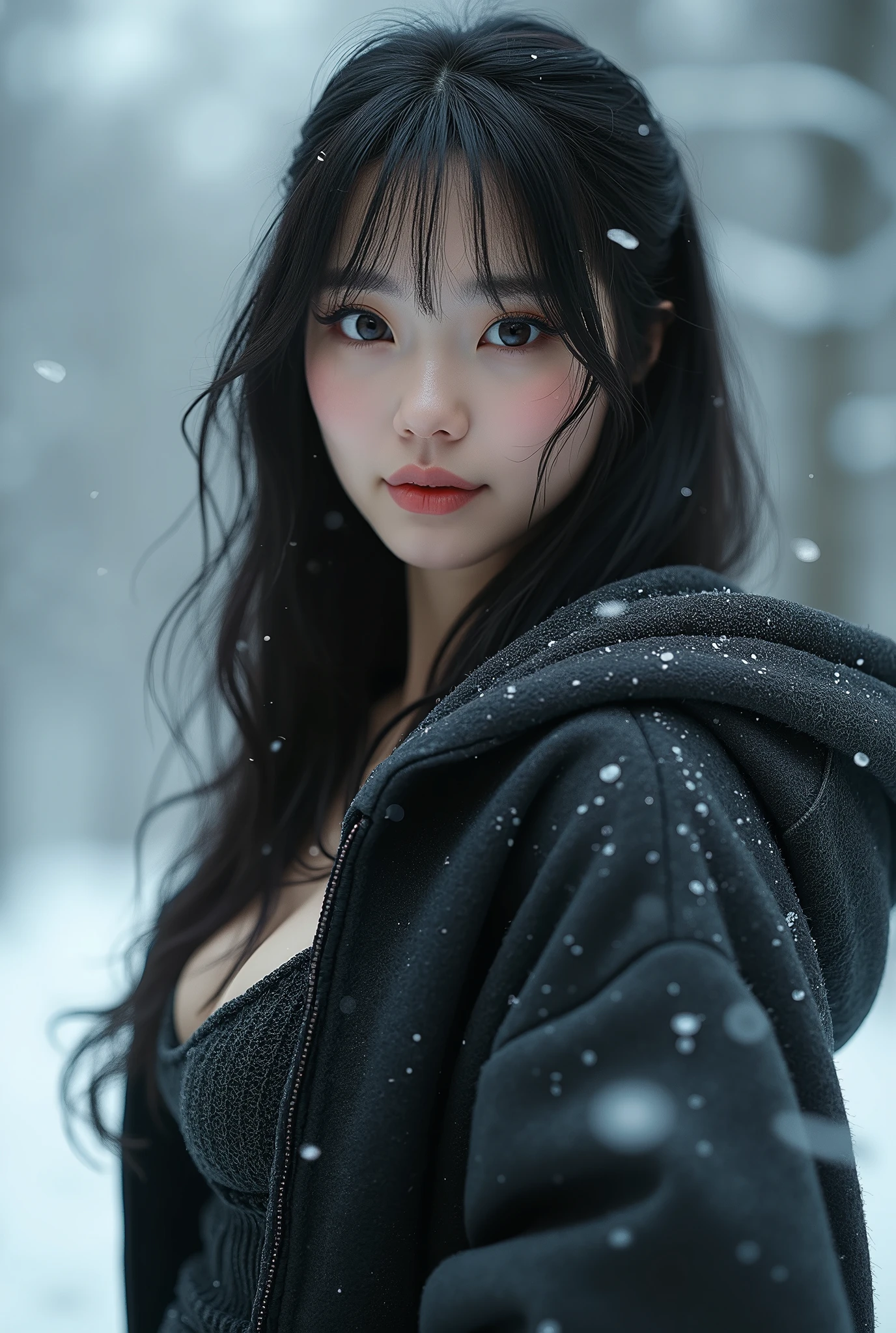 Japanese beauty、Big eyes、High nose、smile、beautiful、long hair、Smooth Hair、30 years old、、sexy、hoodie、snow、Emotional atmosphere、High resolution, masterpiece, accurate, Textured skin, Very detailed, , 高quality, quality, High-resolution model, detail, Real、Realistic、8k、4K、3D Rendering, 8k octane, Surrealism, smile, Heavy makeup, Long eyelashes, Whole body、Wide-angle shot, Long-distance photo、beautifulな足、style、Waistline、Large Breasts、valley、