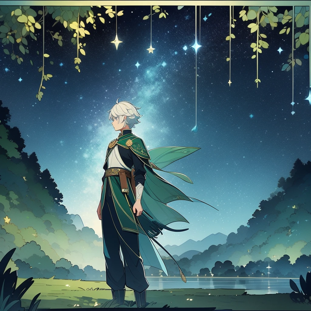 1 black man, short white hair, sky blue eyes. Gardener. Accessories. Leaves on the head, sweater, sleeves at the elbows, white cargo pants, belt with waist bag, putting on boots. Starry wings. Green branches with elongated leaves. Dark blue with green sparkles reminiscent of a starry night sky. detailed clothing. Starry forest. mystical atmosphere. peaceful and serene.