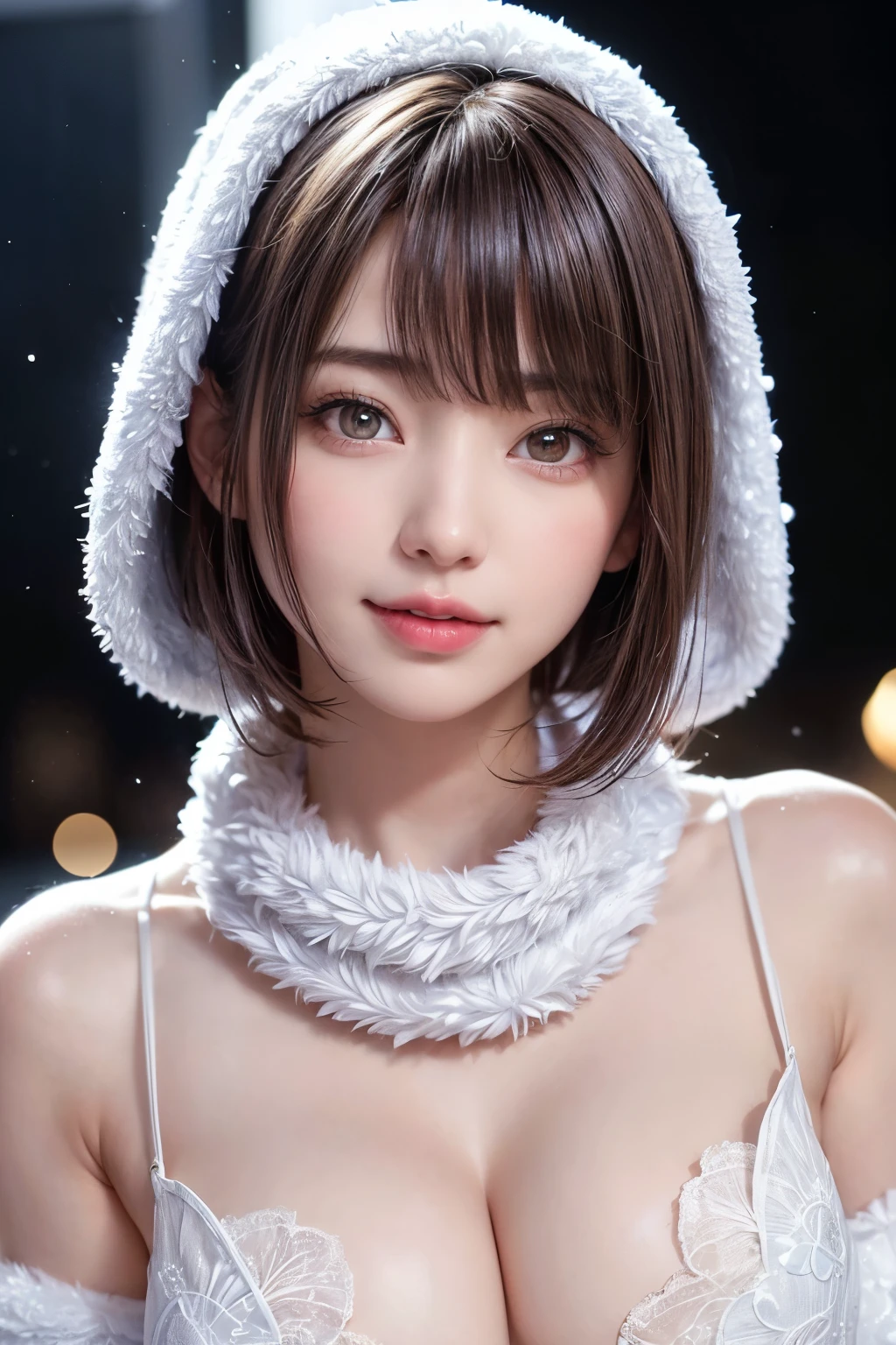 (masterpiece, Highest quality),One Girl, alone, Black-haired, scarf, Have, Realistic, Realistic, Looking at the audience, Light-coloured black eyes, Short brunette bob, Brown coat, Winter clothes, White headscarf, lips, prohibit, Plein Air, Mouth closed, Upper Body、Big eyes、eyelash、((Beautiful landscape with sparkling snow、Large snowflake motif、A beautiful snowy scene with no people around))、(((Short bob hair with bangs、Shiny Hair、Big eyes、large full chest、Highlights the eyes、Gazing at the audience、Beautiful beauty、Listen carefully、Long neck、Laugh a little、Please close your mouth and laugh、Ideal body type)))、{Huge|big|Hugeな|Mega} chest:2, chestの谷間:2、Very cute smile