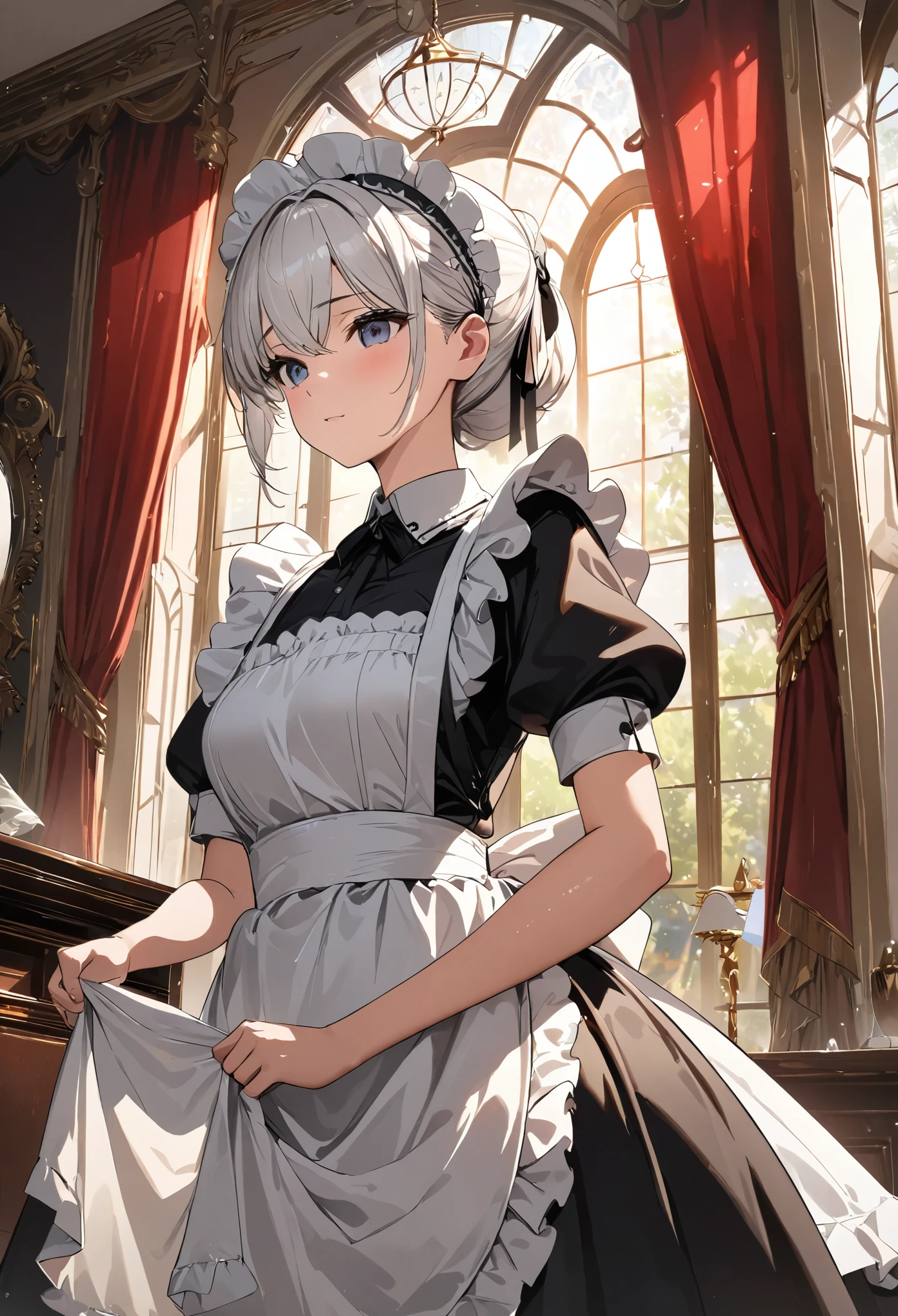 ((Top Quality)), ((Excellent)), (Details), masterpiece, best quality, UHD, A young maid is depicted in the middle of cleaning a large, ornate window in an opulent, old-fashioned mansion. She is dressed in a traditional black and white maid outfit with a white apron, lace headband, and slightly puffed sleeves. The window is tall and arched, with intricate, gold-trimmed frames that reflect the wealth and grandeur of the noble family. Sunlight streams through the glass, illuminating dust particles in the air, while the maid carefully wipes the window with a cloth, her expression focused and diligent. Behind her, the grand interior of the mansion is visible, featuring luxurious red velvet curtains, dark wooden furniture, and a glimpse of a grand chandelier hanging from the high ceiling. The overall scene exudes a sense of elegance and historical richness, with a touch of warmth as the maid diligently performs her duties.