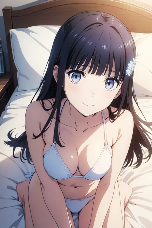 Miyuki Shiba, The Irregular at Magic High School,  Snowflake hair ornament, At the bed, Lying on your back, White Bikini,  barefoot, smile, Open your mouth