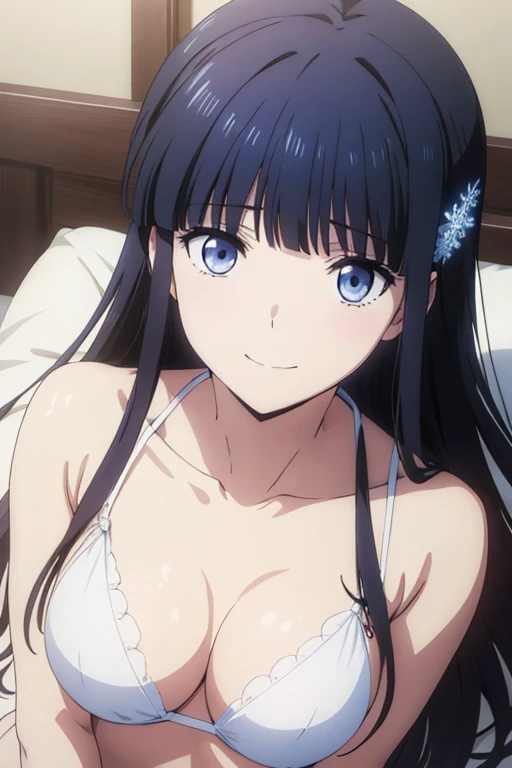 Miyuki Shiba, The Irregular at Magic High School,  Snowflake hair ornament, At the bed, Lying on your back, White Bikini,  barefoot, smile, Open your mouth