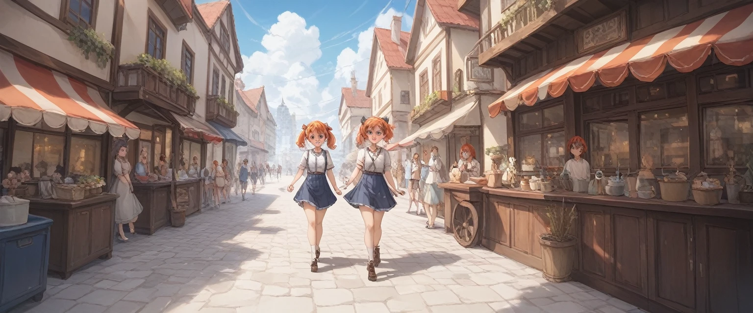 (High resolution、detailed).(Short Twin Tails,Black Ribbon、A cute blouse with a blue ribbon、White drawers、Redhead.Red eyes.1.5)、(）、Walking through a fantasy city、crowd