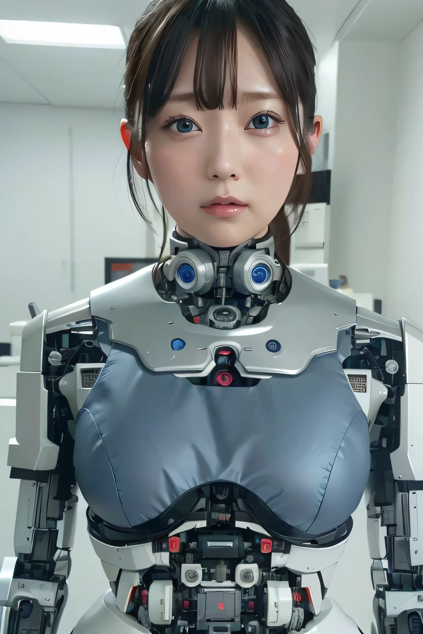 masterpiece, best quality, extremely detailed, Japaese android girl,Plump ,control panels,android,Droid,Mechanical Hand, Robot arms and legs,Blunt bangs,perfect robot girl,long tube,thick cable connected her neck,android,robot,humanoid,cyborg,japanese cyborg girl ,robot-assembly plant,She has assembled now,assembly scene,chest monitor,blue eyes